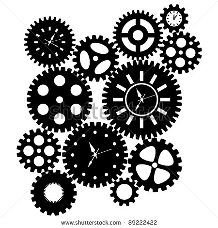 Time Clock Gears Clipart Black Silhouette Isolated On White Background    