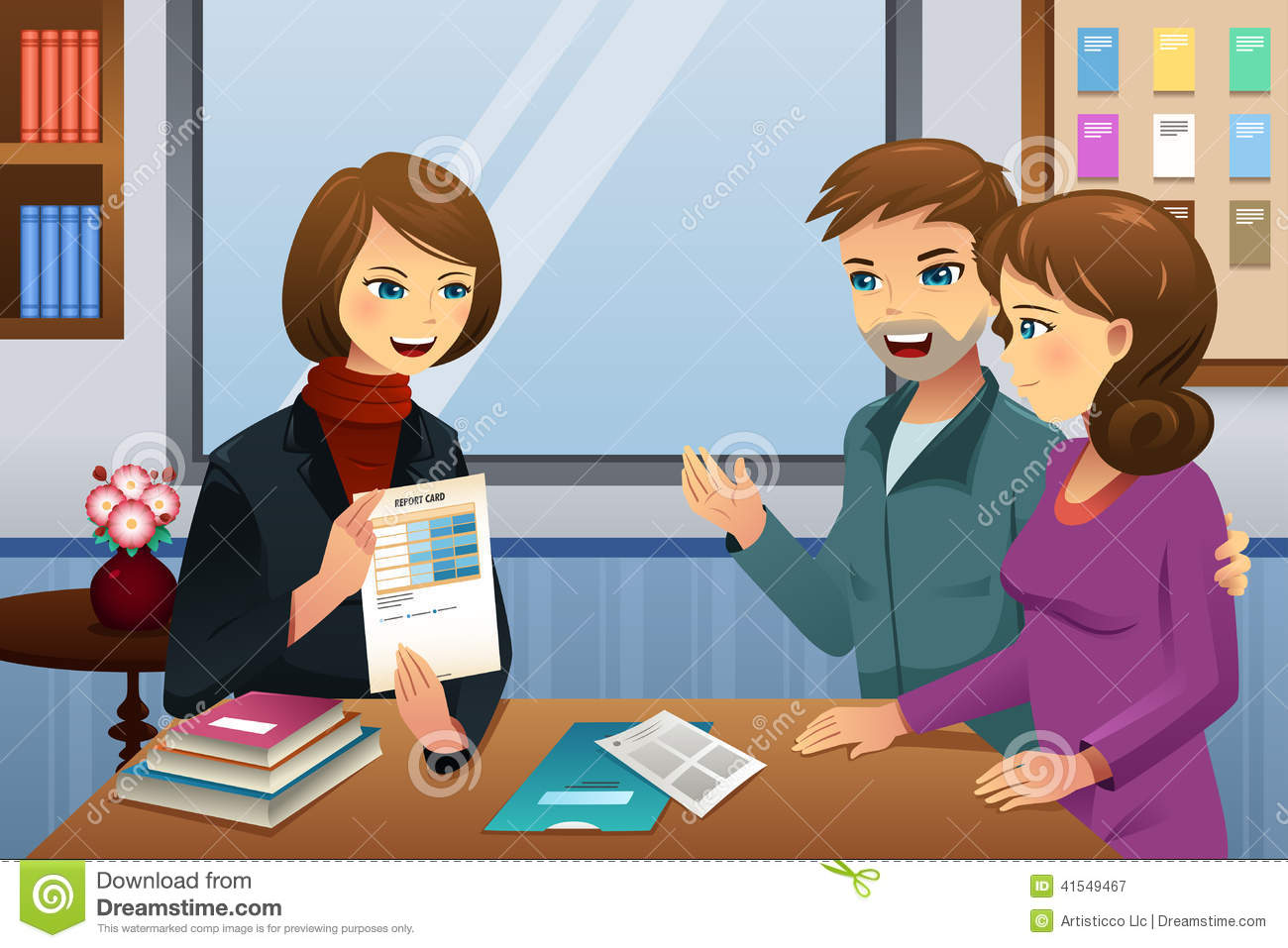 Vector Illustration Of Parents And Teacher Meeting Discussing The