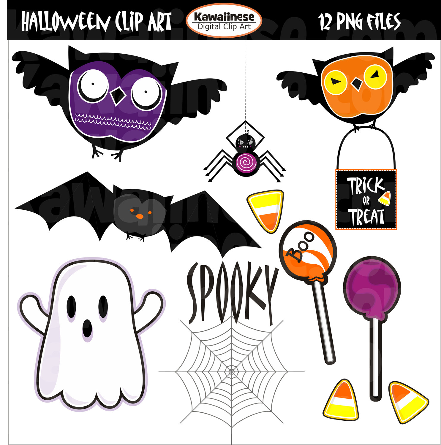 Halloween Clip Art Owls Bat Spider   Cute Digital Clip Art