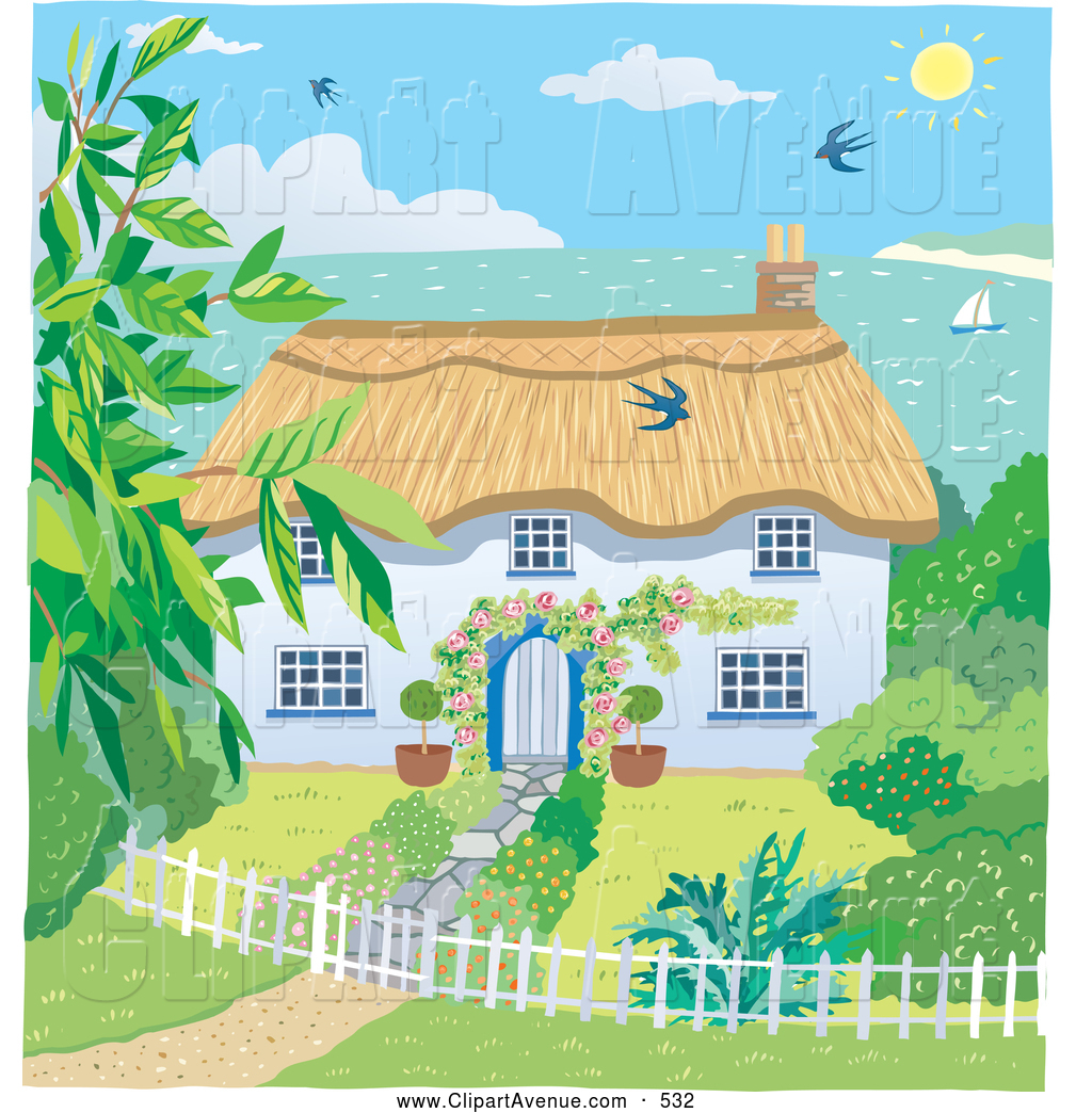 Clipart Of A Bright Painting Of A Cute Cottage With A Landscaped Yard