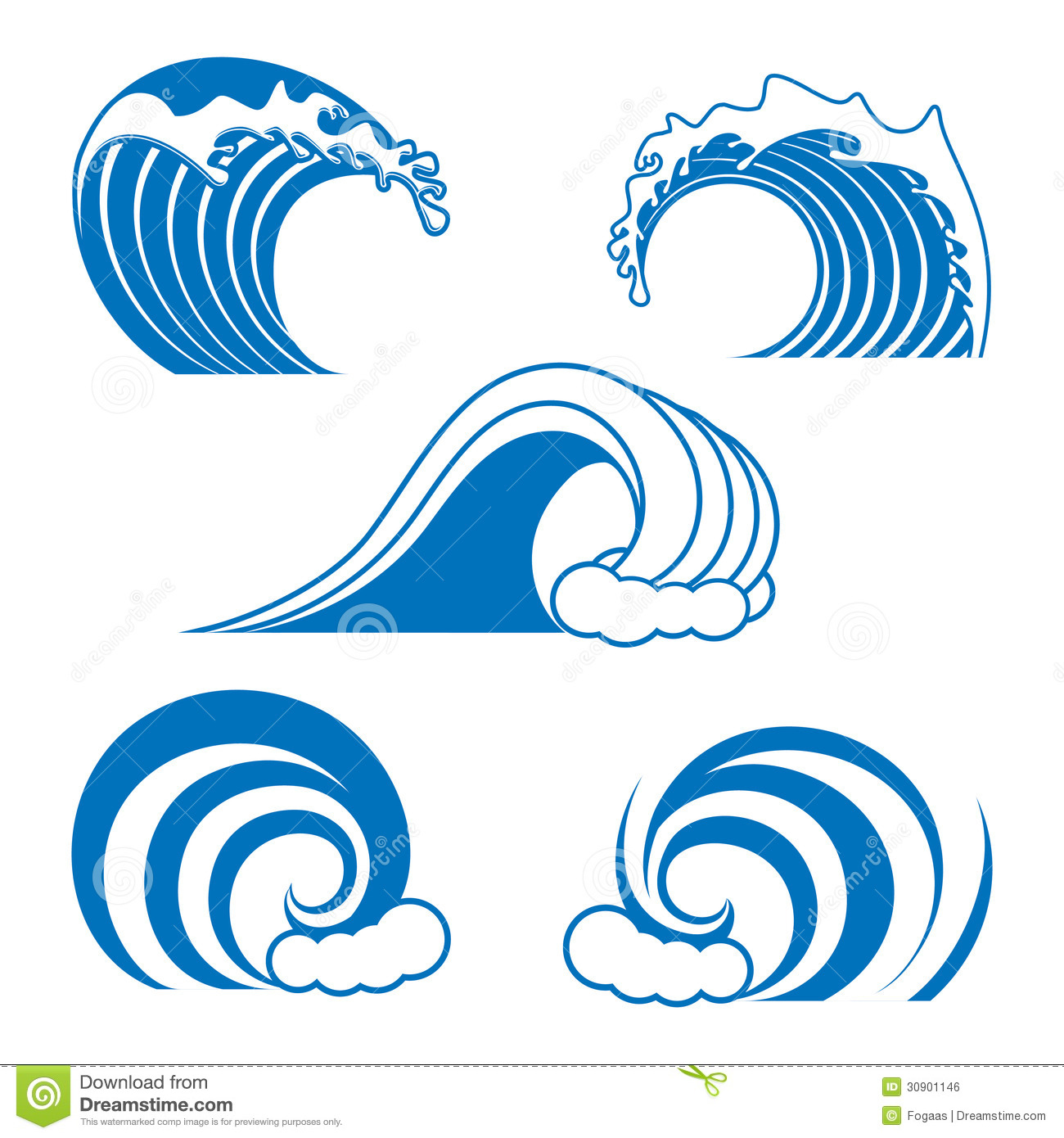 Ocean Wave Contour Set In Blue Color Isolated On The White Background
