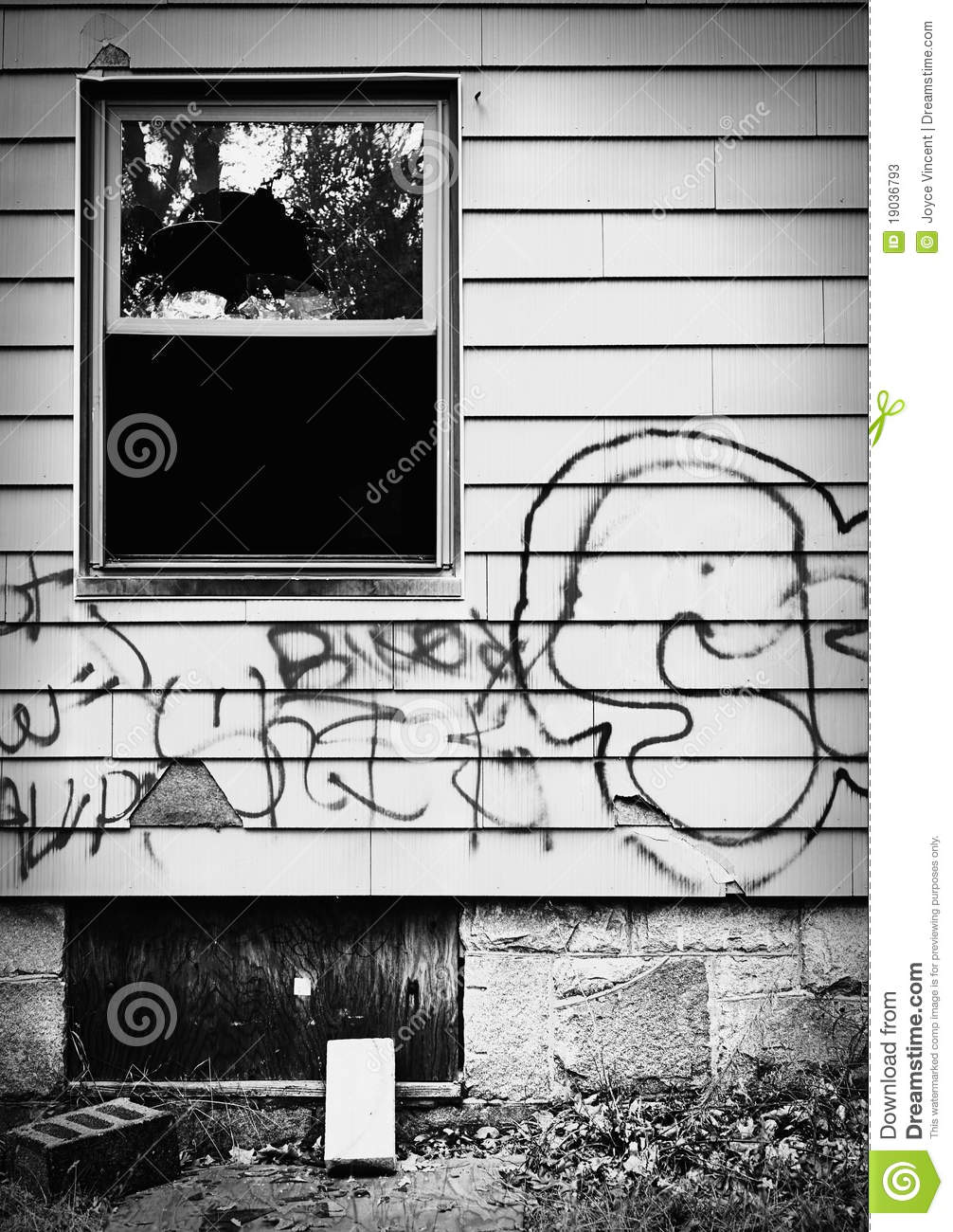 Abandoned House With Broken Window And Graffiti  Stock Photos   Image