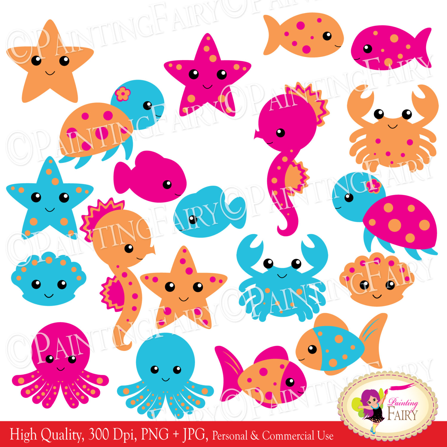 Instant Download Clipart Cute Under The Sea Animals Fish Turtle