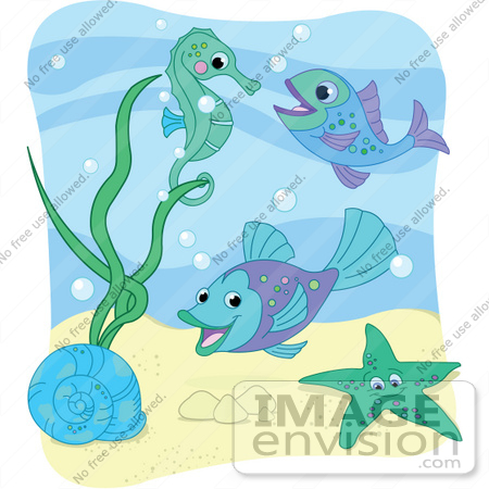 Sea Snail Starfish Fish And Seahorse With Bubbles Under The Sea With A