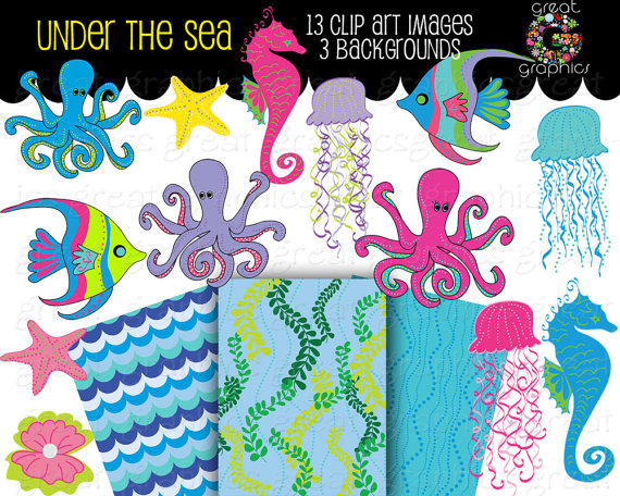 Under The Sea Printable Party Digital Paper Seahorse Clip Art Fish