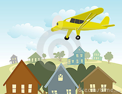 Illustration Of A Single Engine Plane Flying Over A Town