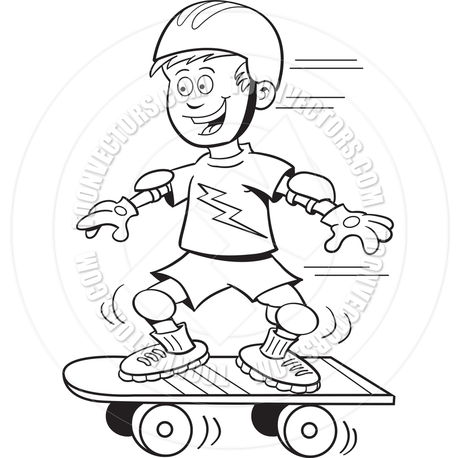 Cartoon Skateboard Boy  Black And White Line Art  By Kenbenner   Toon