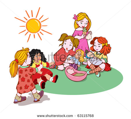 Cute Little Girls Playing With Dolls Cartoon Concept    Stock Vector