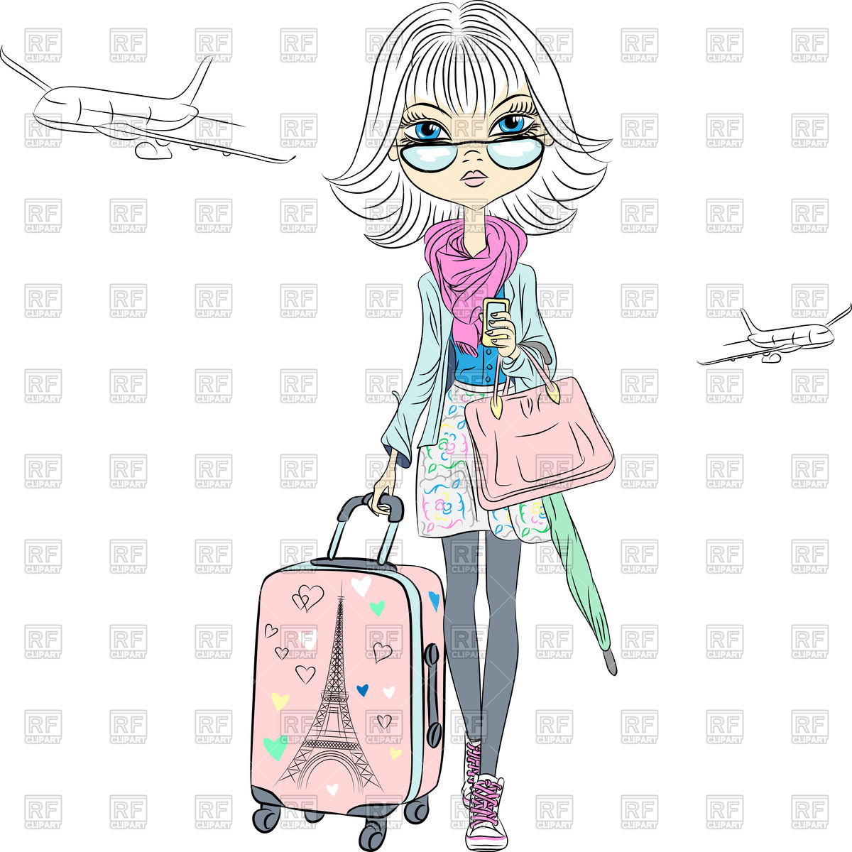 Cartoon Business Lady With Suitcases Travels The World On Airplanes