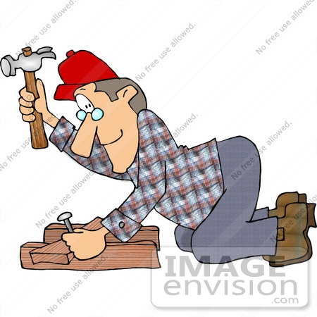 Clipart Of A Middle Aged Caucasian Carpenter Man In A Red Hat Wearing
