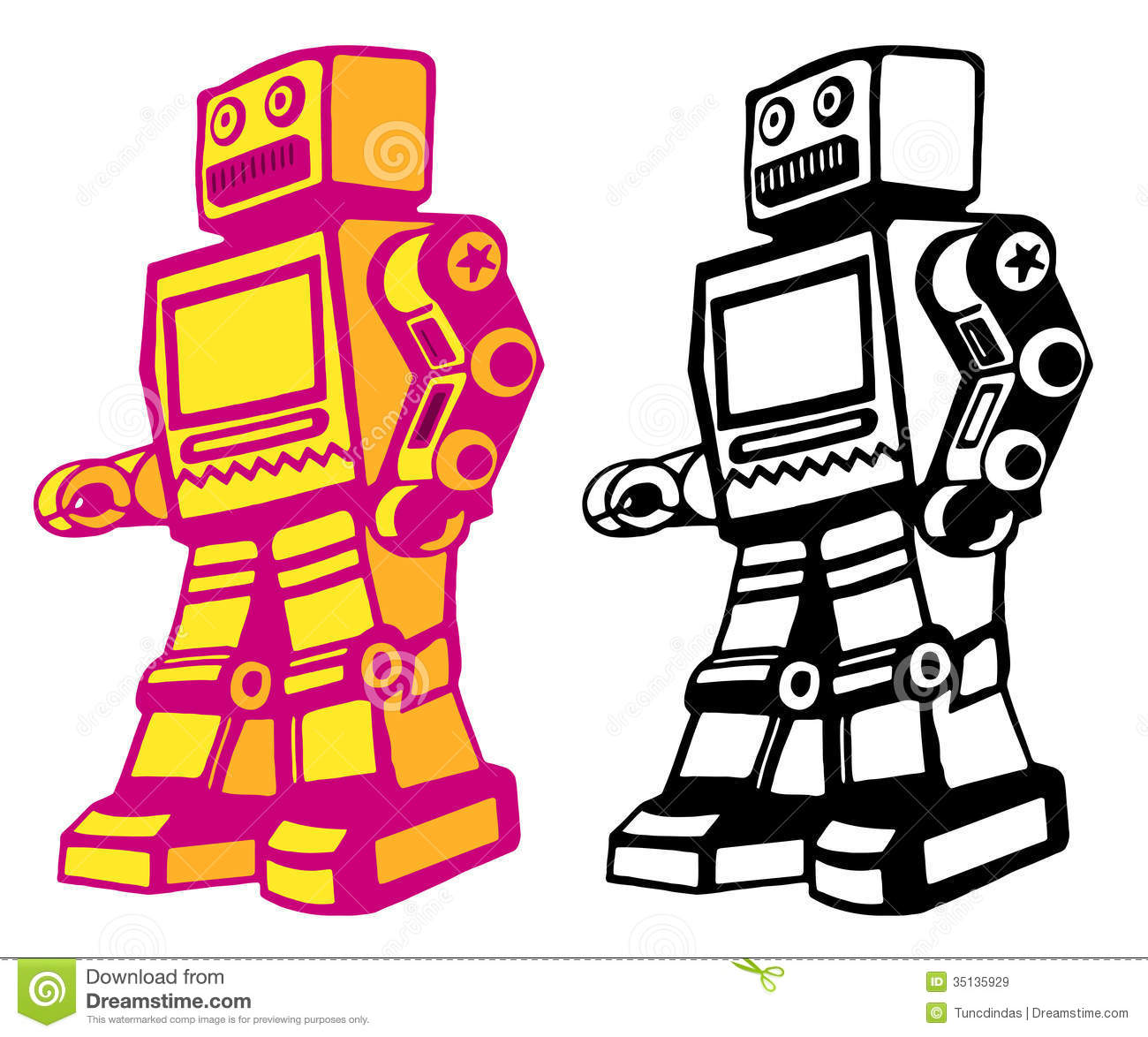 Retro Style Vector Robot With Color And Black And White
