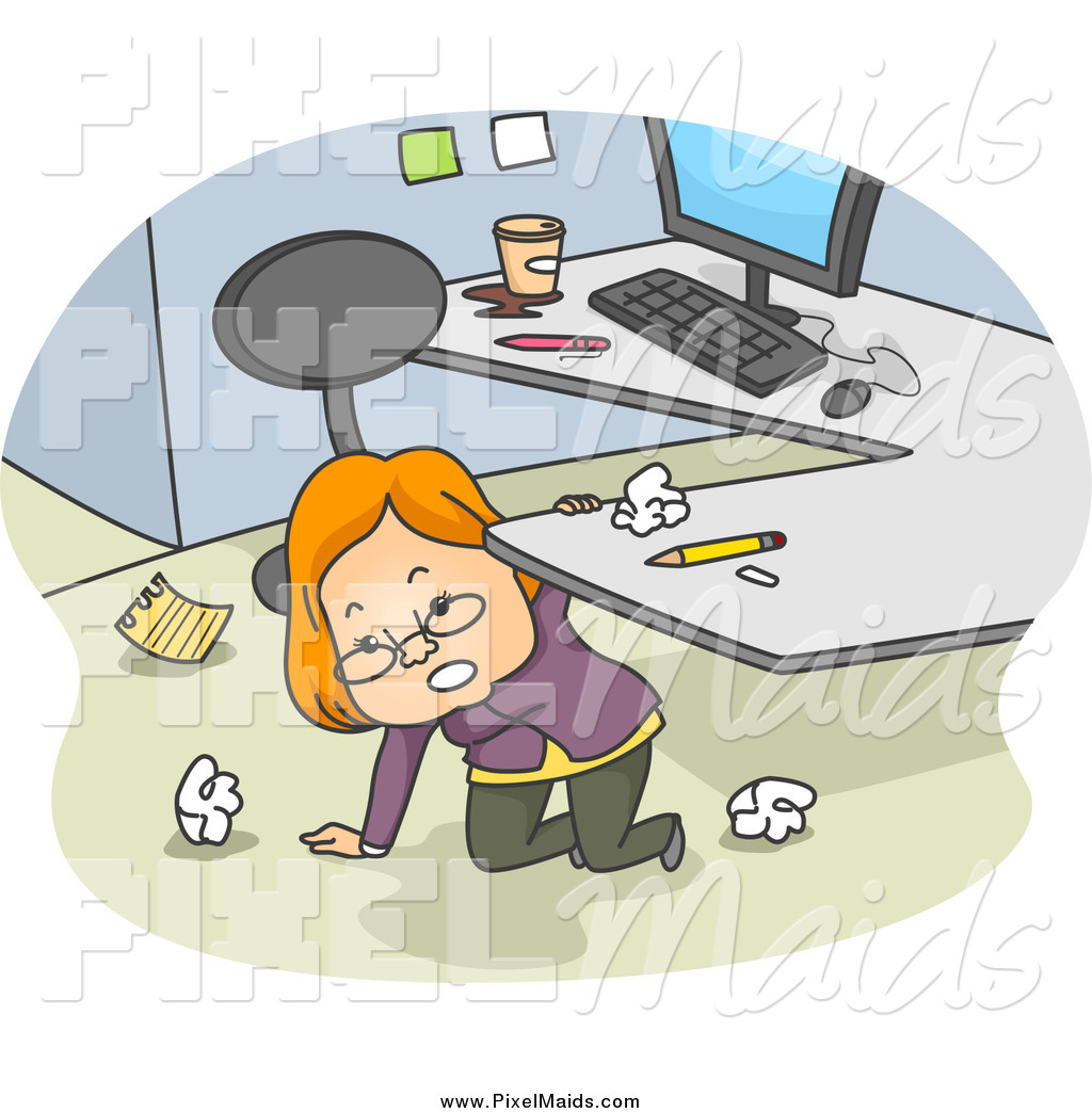 Businesswoman Kneeling Under Her Desk And Cleaning Up Her Office Space