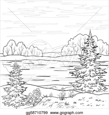 Clip Art Vector Vector Landscape Forest River And Sky With Clouds
