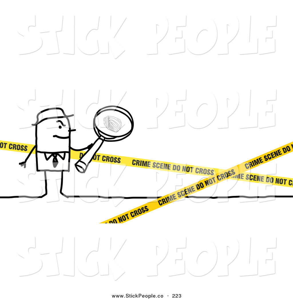 Smiling Stick People Character Investigator Inspecting A Crime Scene