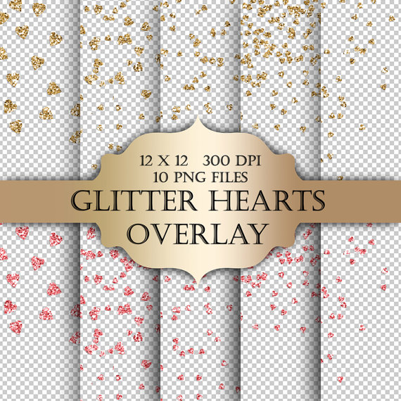Glitter Hearts Digital Clip Art Overlay   Valentines Hearts Gold