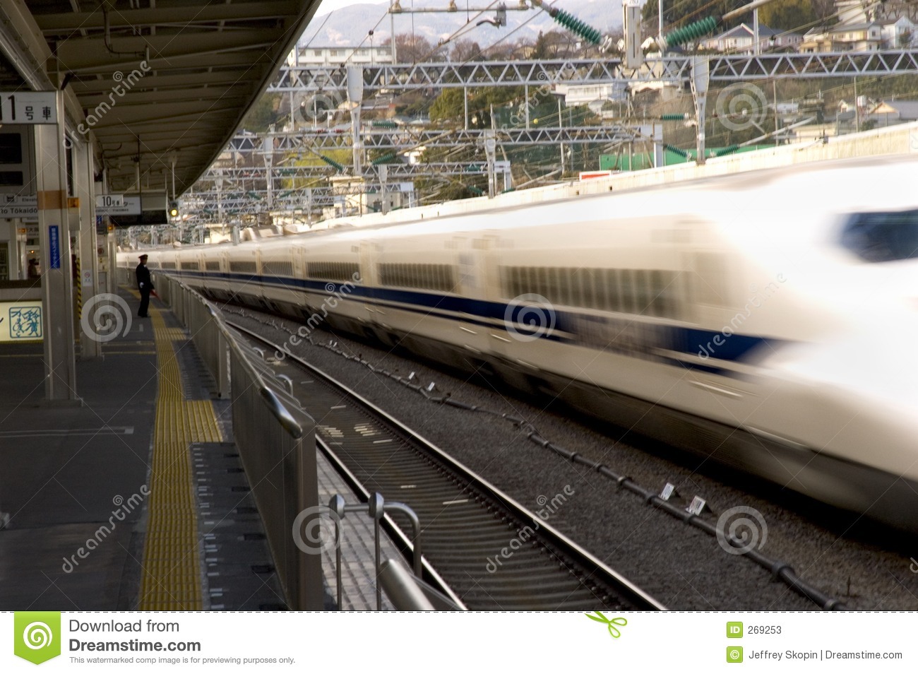 Bullet Train In Japan Is Running At High Speed Past A Platform