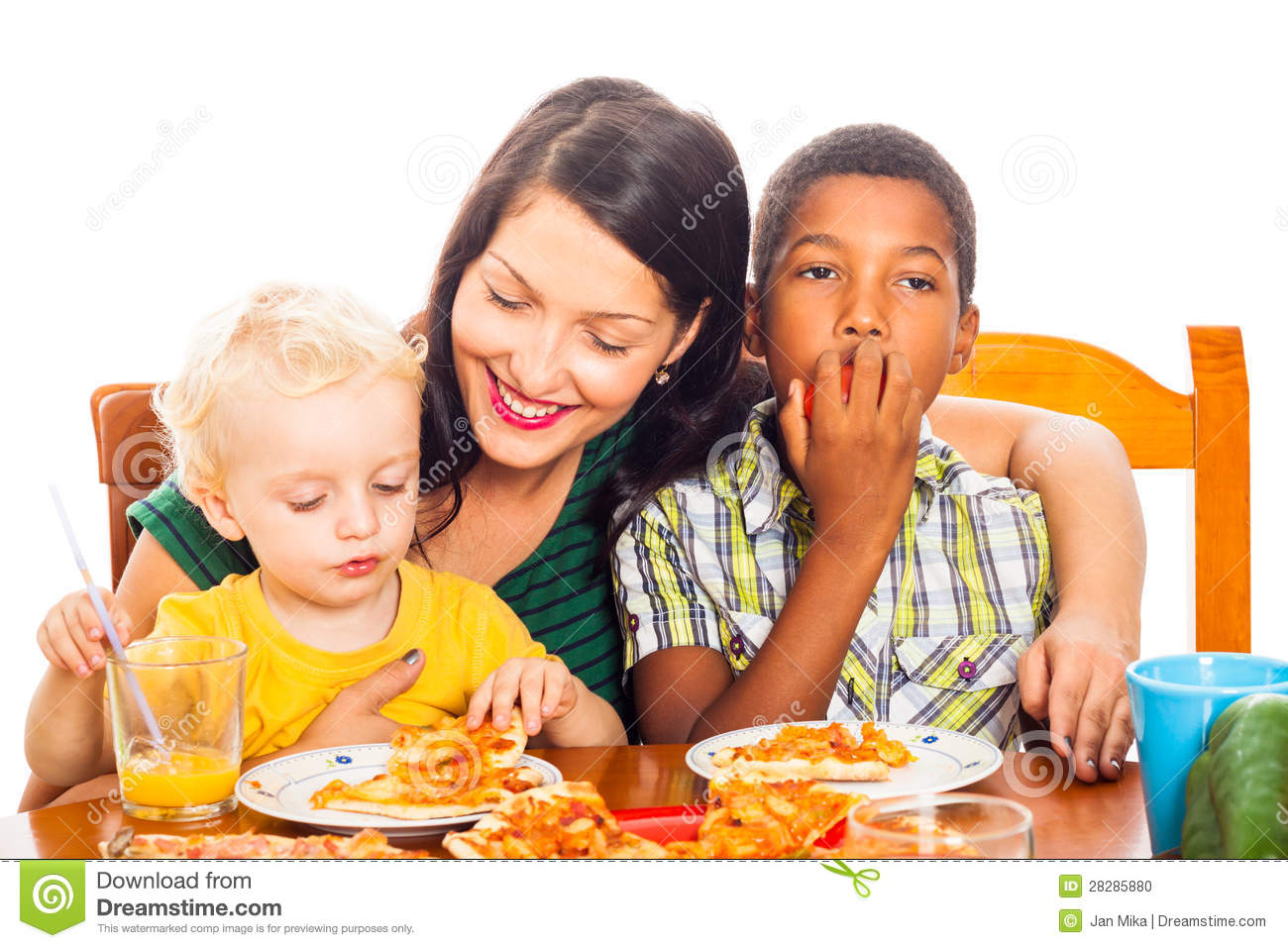 Women With Children Eating Pizza Isolated On White Background