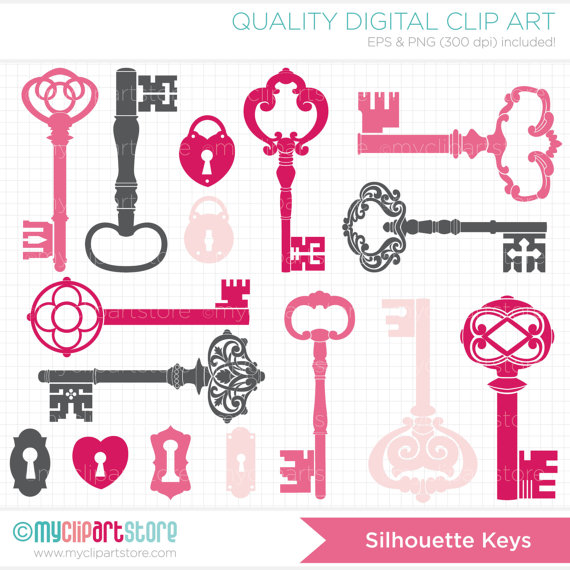 Clipart Silhouettes   Pink Skeleton Keys Clip Art   Digital Clipart