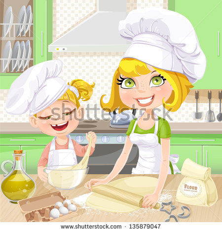 Mom And Daughter Baking Cookies In The Kitchen   Stock Vector