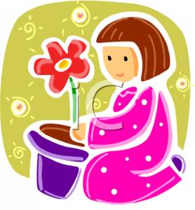 Girl Planting Flower In Pot Royalty Free Clipart Picture