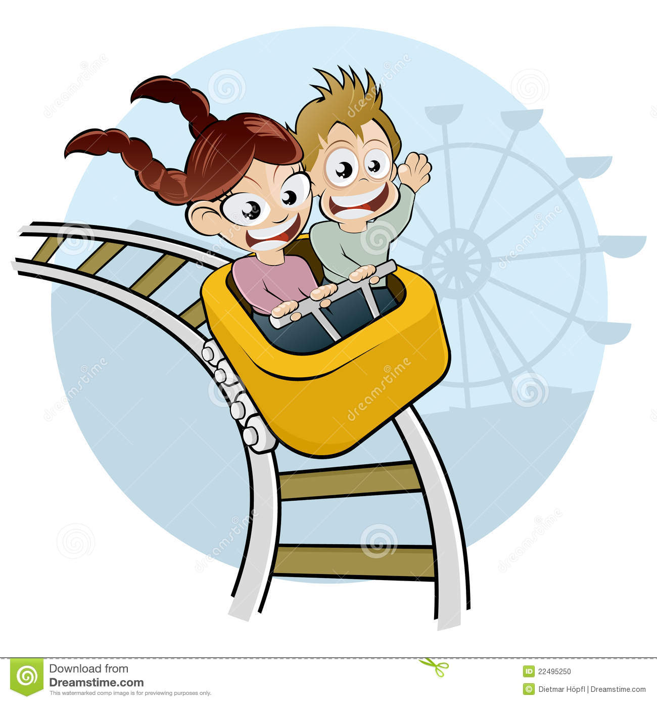 Cartoon Of Two Screaming Kids Having Fun On A Roller Coaster
