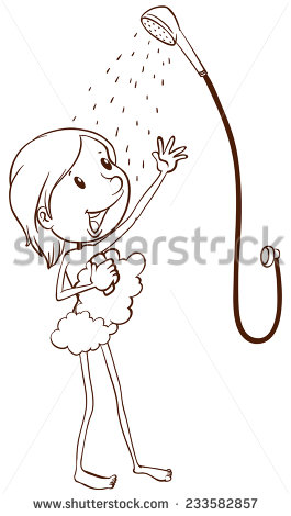 Plain Drawing Of A Young Girl Taking A Shower On A White Background
