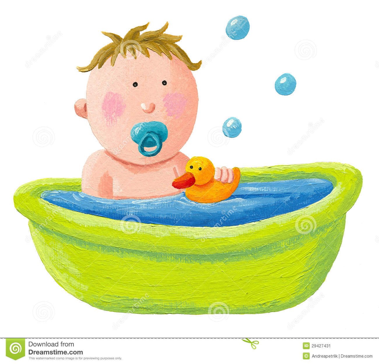 Acrylic Illustration Of Baby Bath With A Yellow Rubber Duck