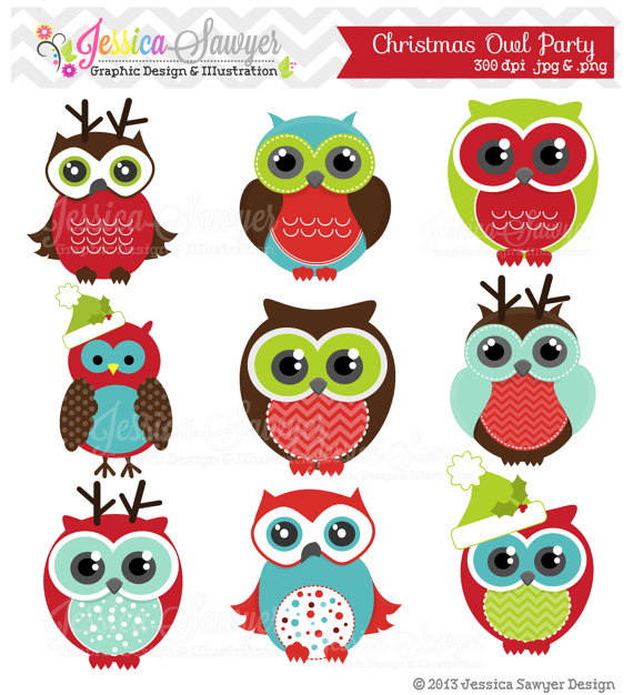 Instant Download Christmas Owl Party Clipart Holiday Owls Clip Art