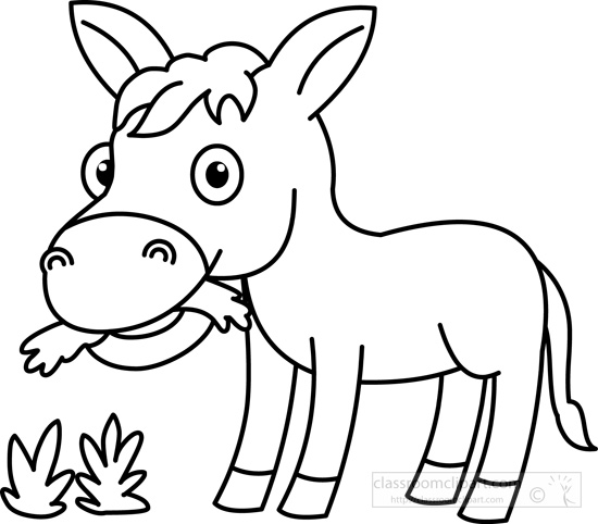 Animals   Donkey Eating Grass Black White Outline   Classroom Clipart