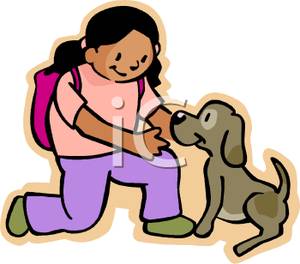     Girl With A Backpack Petting A Puppy   Royalty Free Clipart Picture