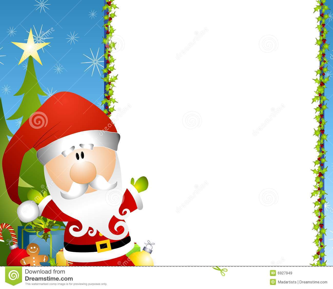 Illustration Featuring A Santa Claus With Holly Border And Presents