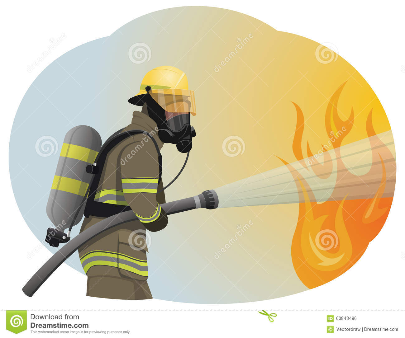 Fireman Extinguishes The Fire By Spraying The Water  He Is Clothed In    
