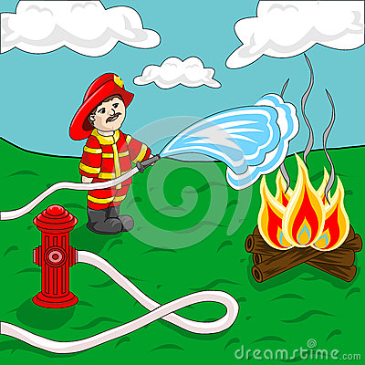 Fireman Using Fire Hose And Hydrant Spraying Water Over Campfire