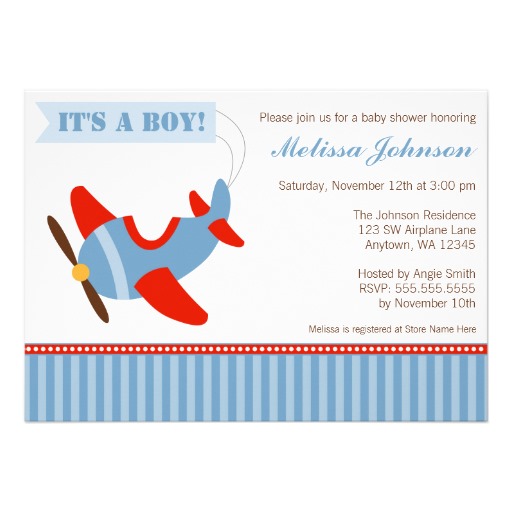 Airplane Stripes Red Blue Boy Baby Shower 5x7 Paper Invitation Card