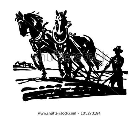 Horses Plowing Field   Retro Clipart Illustration   Stock Vector
