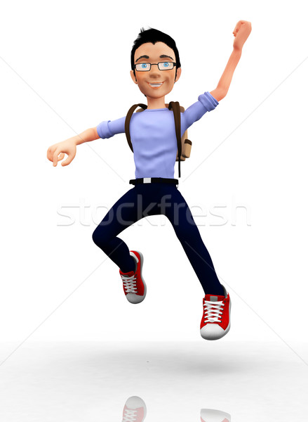 Stock Photo   Happy 3d Male Student Jumping With Arms Up   Isolated