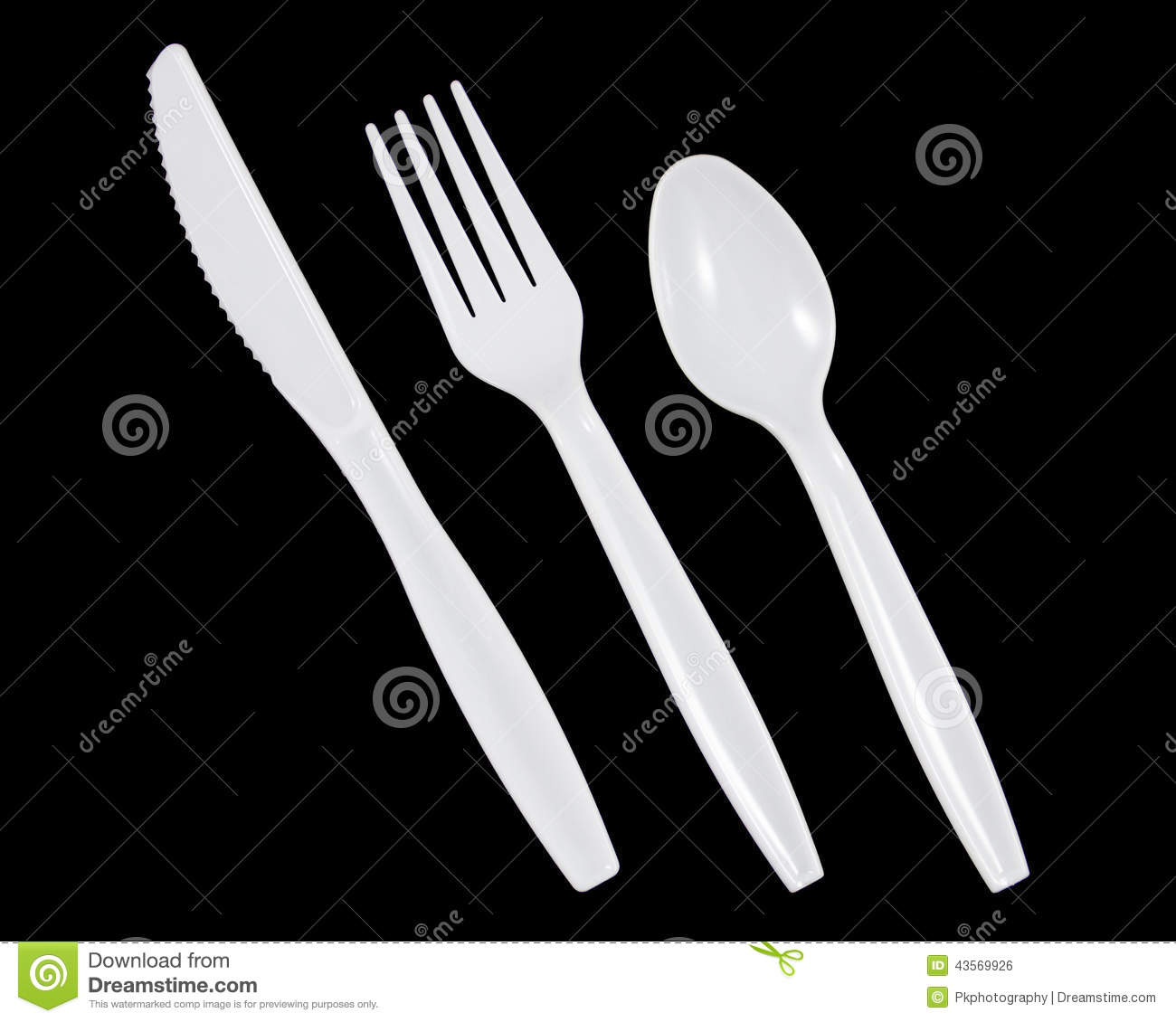 Stock Photo  White Plastic Knife Fork And Spoon On Black Background 