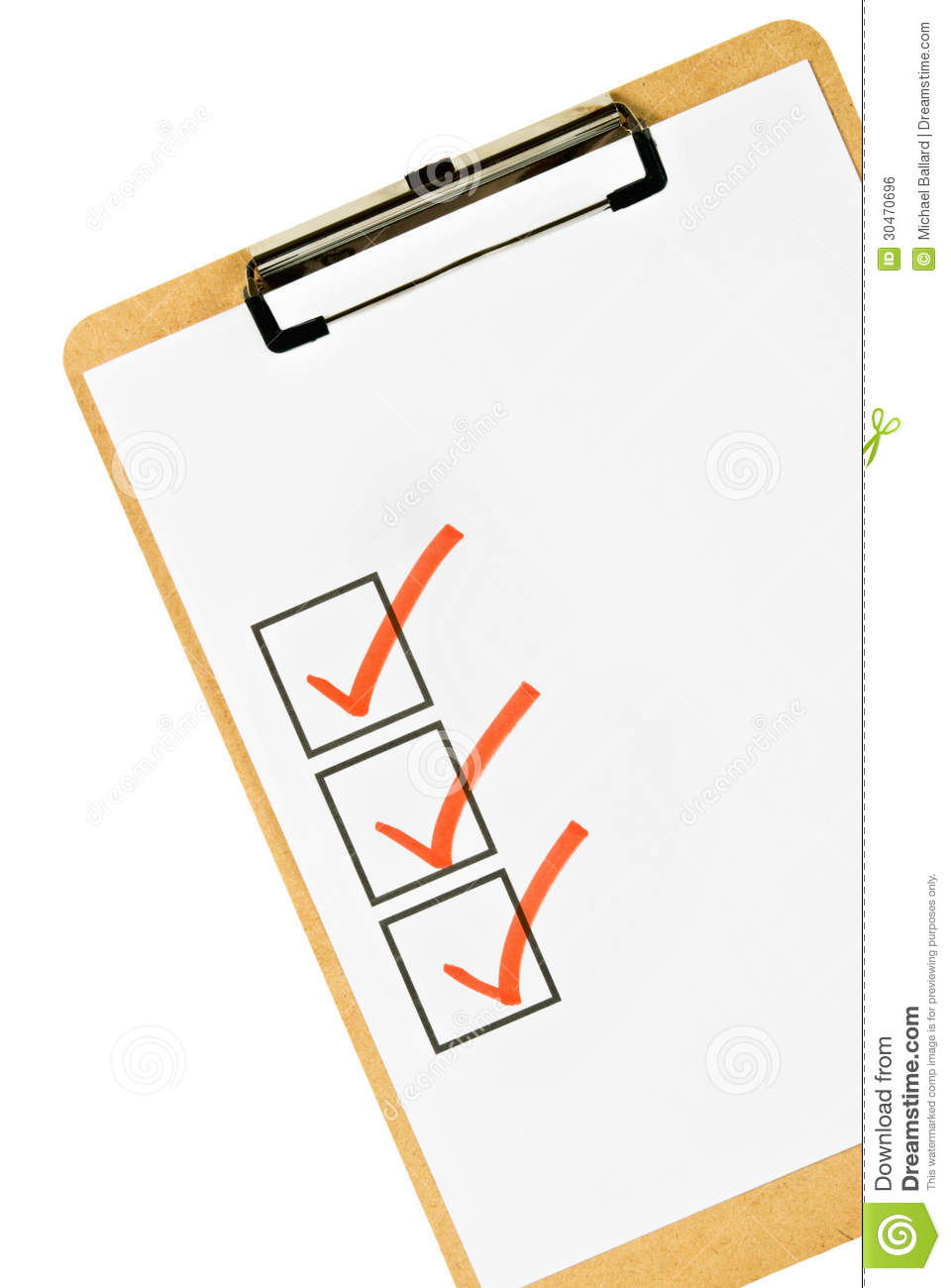 Cork Clipboard With Three Check Marks On Blank White Paper  Isolated