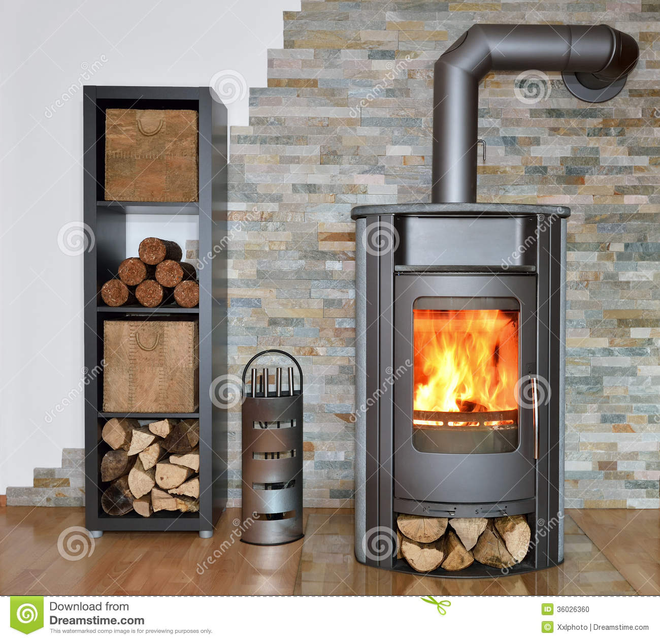 Wood Fired Stove With Fire Wood Fire Irons And Briquettes From Bark