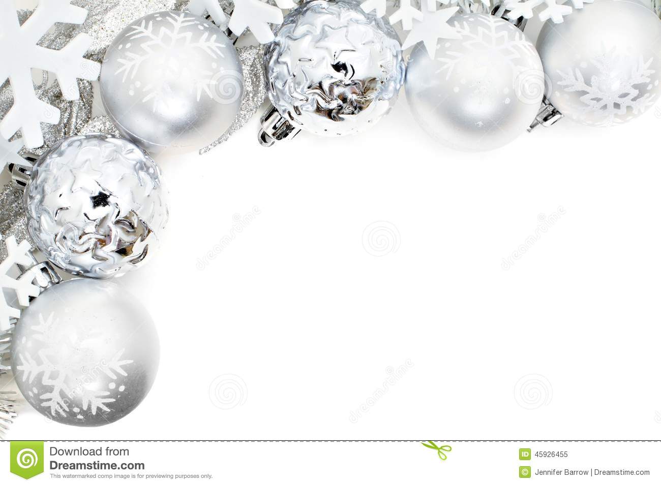 Christmas Border Of Snowflakes And Silver Baubles Stock Photo   Image