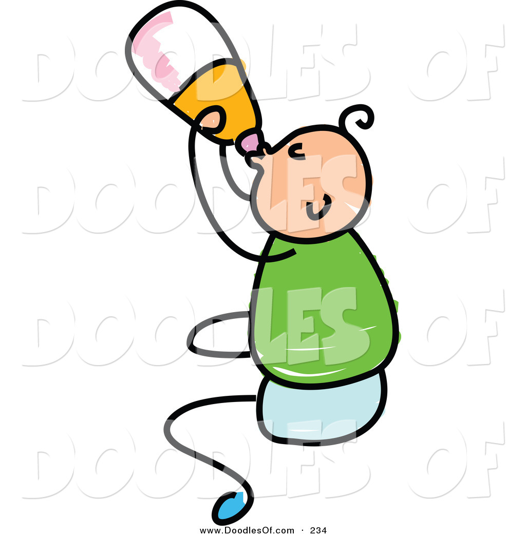 Clipart Of A Childs Sketch Of A Happy Baby Boy Drinking From A Bottle