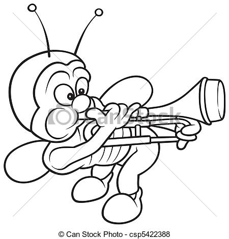 Vector Of Bug And Trombone   Black And White Cartoon Illustration