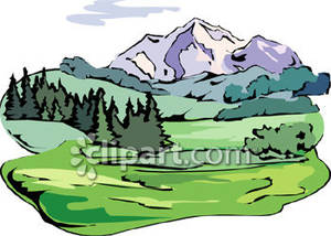 Large Mountain Beyond A Forest   Royalty Free Clipart Picture