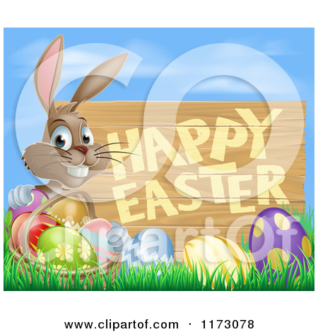 Cartoon Of A Brown Bunny With A Basket And Easter Eggs In Grass By A