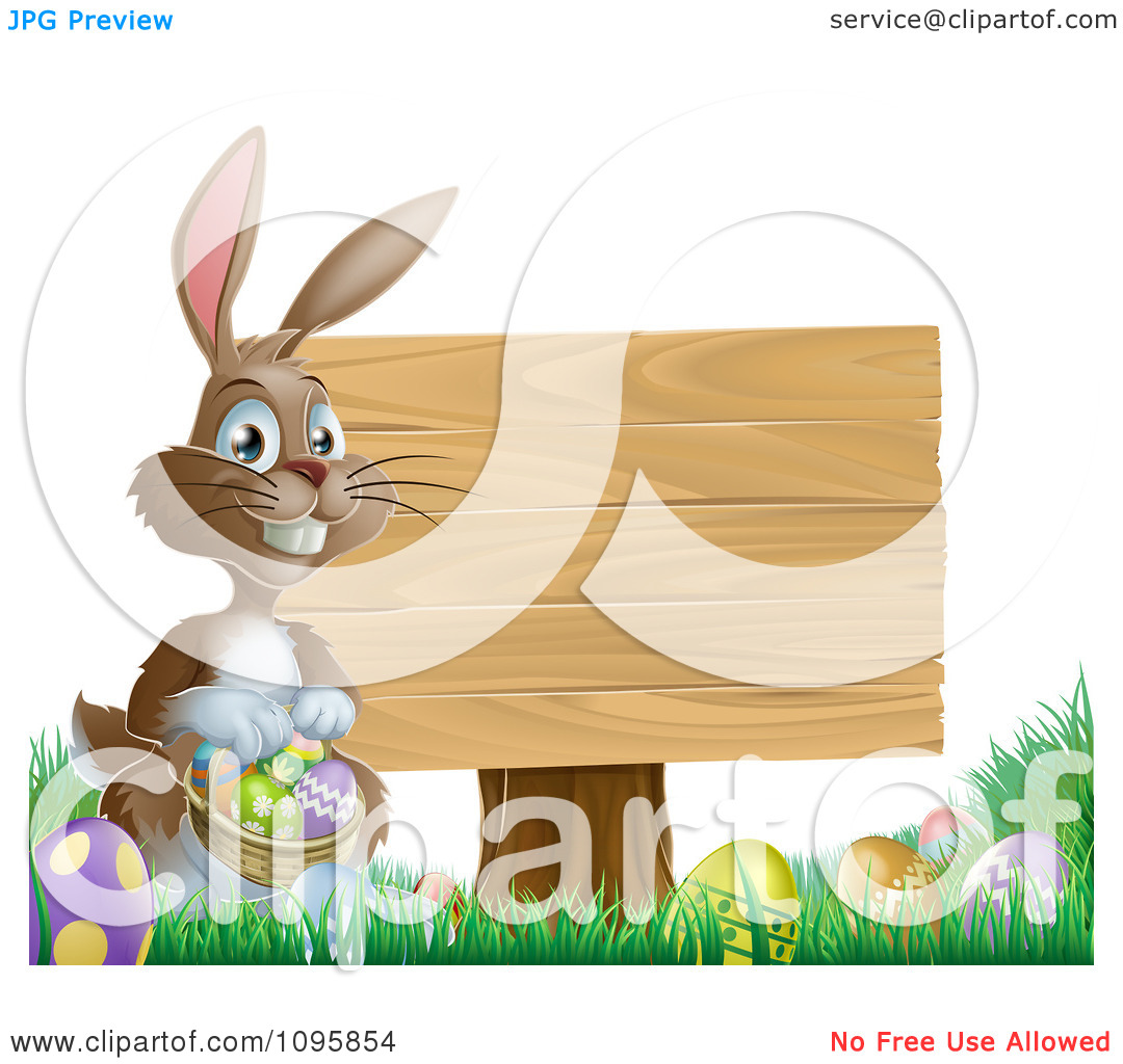 Clipart Brown Easter Bunny Holding A Basket Of Eggs By A Wood Sign In