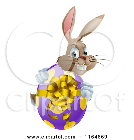 Clipart Brown Easter Bunny Holding A Sign And Basket Of Eggs   Royalty