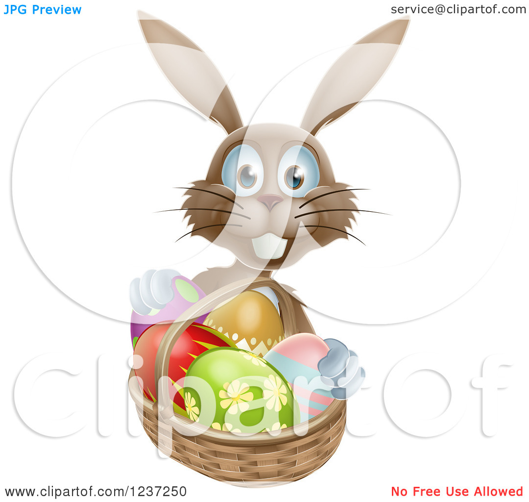 Clipart Of A Happy Brown Bunny With Easter Eggs And A Basket   Royalty