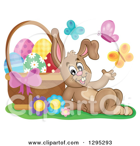 Clipart Of A Happy Brown Easter Bunny Rabbit Resting Against A Basket    