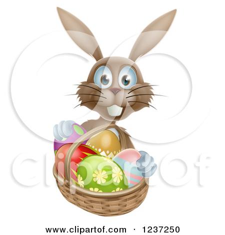 Happy Gray Bunny With Easter Eggs And A Basket By Atstockillustration