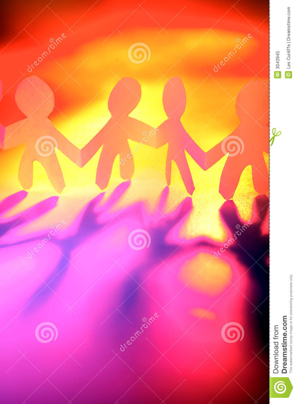 Line Of Four Paper Doll Cutout Figures Holding Hands With A Colorful